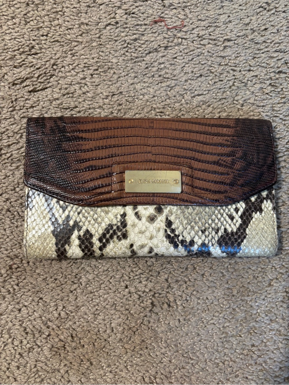Brahmin Brown & Ivory Snake-Print Leather Wallet Clutch